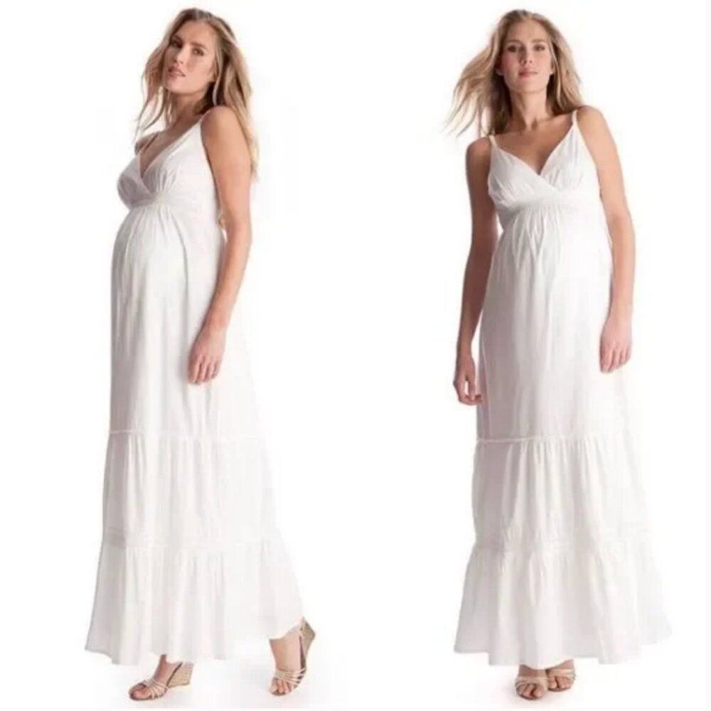 Seraphine Women's White Cotton Maternity Maxi Dress Tiered Sleeveless Size 4